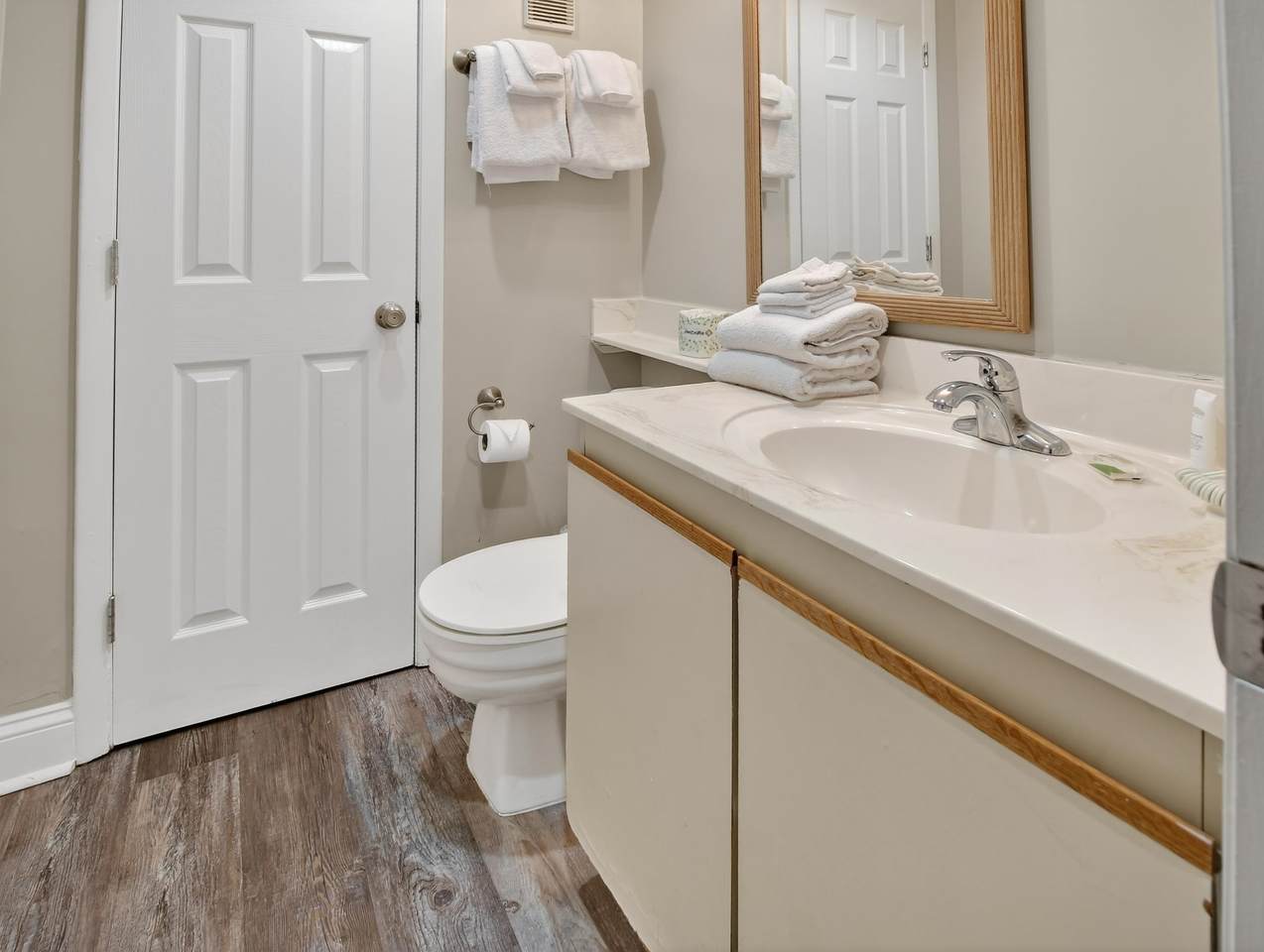 Full bathroom with vanity and tub-shower combination