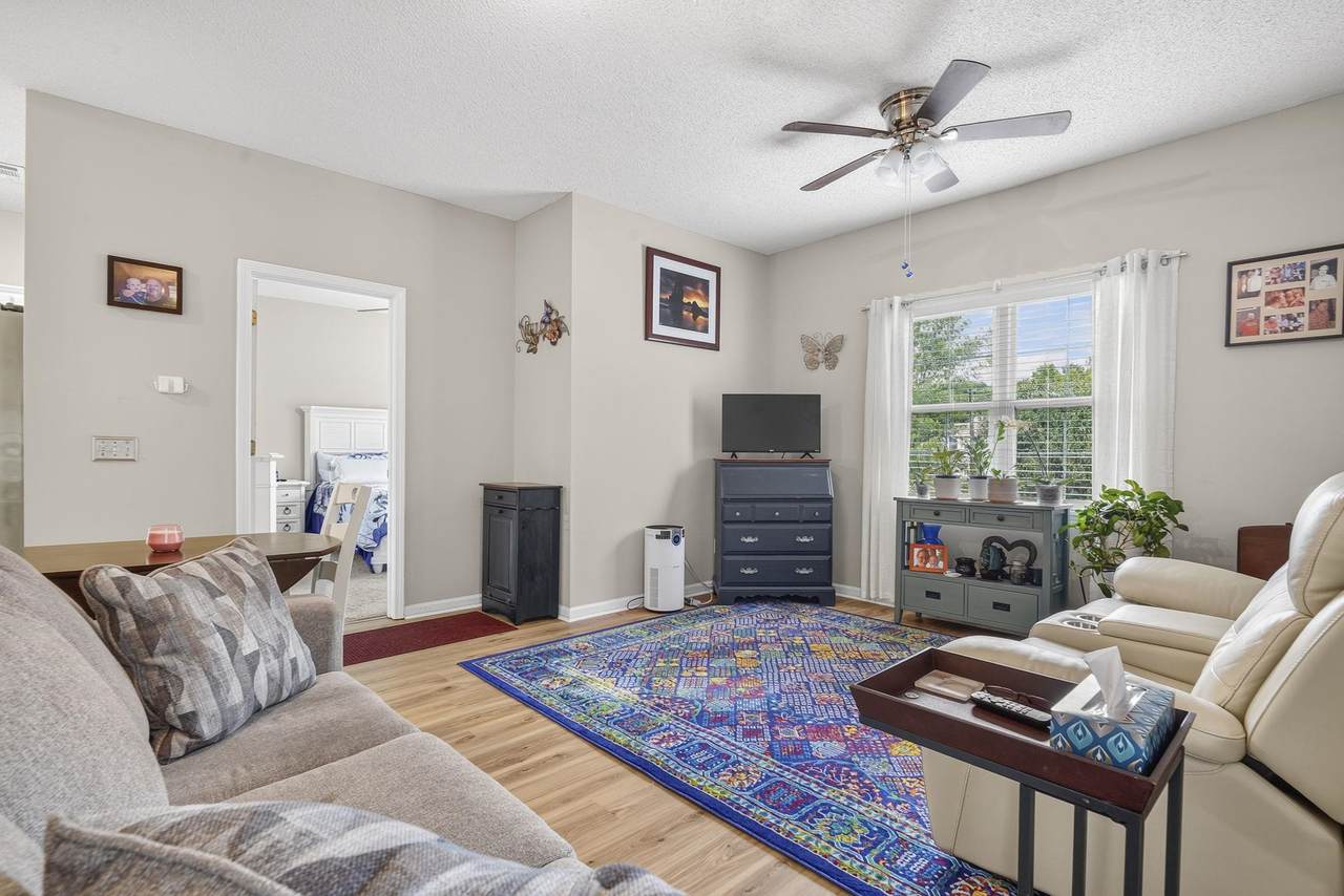 Living room with wood-look flooring and ceiling fan
