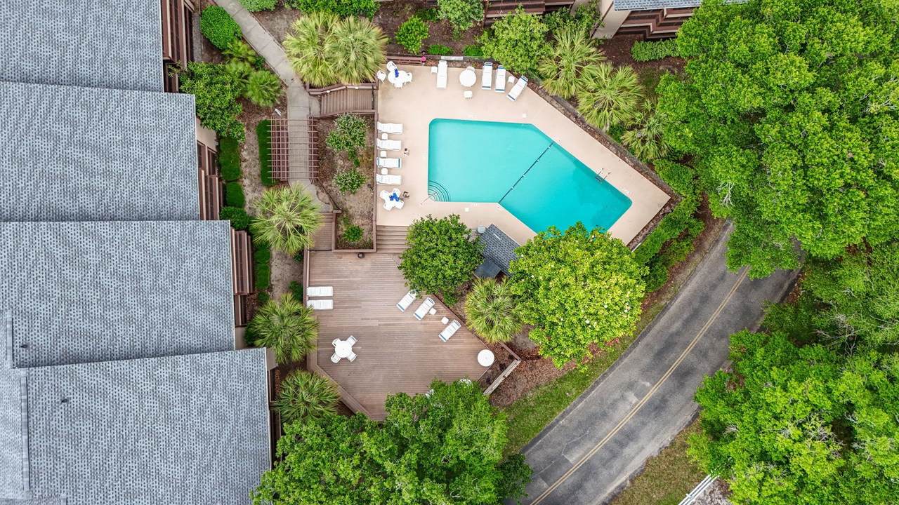 Aerial view of the outdoor community pool
